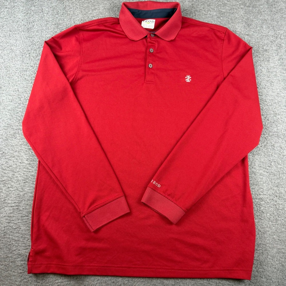 IZOD Golf Polo Shirt Men's Large Red Long Sleeve Performance Pique Knit